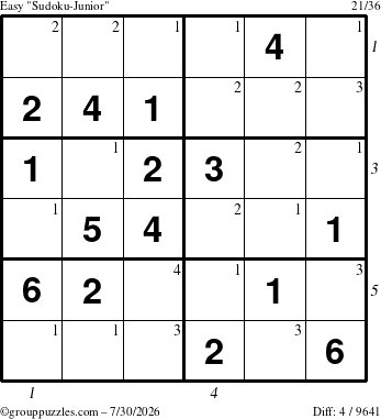 The grouppuzzles.com Easy Sudoku-Junior puzzle for Thursday July 30, 2026 with all 4 steps marked