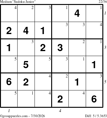 The grouppuzzles.com Medium Sudoku-Junior puzzle for Thursday July 30, 2026 with all 5 steps marked