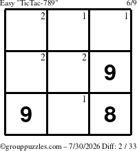 The grouppuzzles.com Easy TicTac-789 puzzle for Thursday July 30, 2026 with the first 2 steps marked