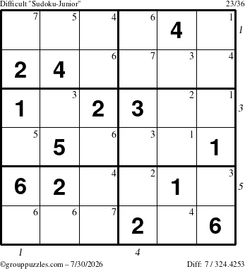 The grouppuzzles.com Difficult Sudoku-Junior puzzle for Thursday July 30, 2026, suitable for printing, with all 7 steps marked