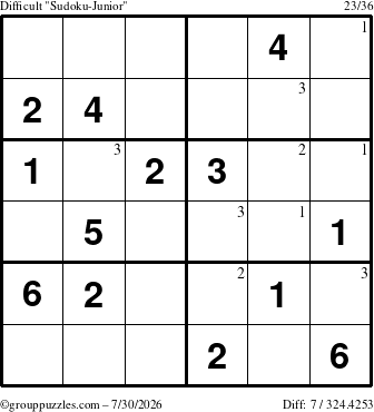 The grouppuzzles.com Difficult Sudoku-Junior puzzle for Thursday July 30, 2026 with the first 3 steps marked