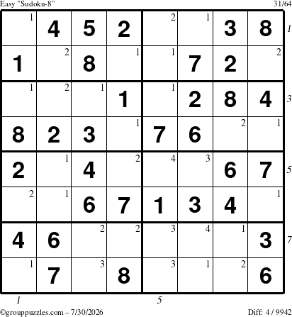 The grouppuzzles.com Easy Sudoku-8 puzzle for Thursday July 30, 2026, suitable for printing, with all 4 steps marked