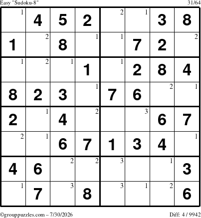 The grouppuzzles.com Easy Sudoku-8 puzzle for Thursday July 30, 2026 with the first 3 steps marked