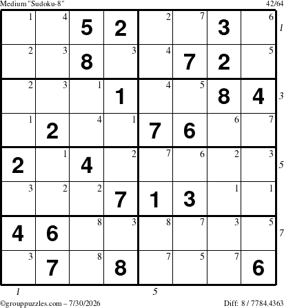The grouppuzzles.com Medium Sudoku-8 puzzle for Thursday July 30, 2026 with all 8 steps marked