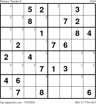 The grouppuzzles.com Medium Sudoku-8 puzzle for Thursday July 30, 2026 with the first 3 steps marked