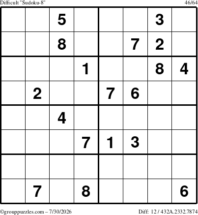 The grouppuzzles.com Difficult Sudoku-8 puzzle for Thursday July 30, 2026