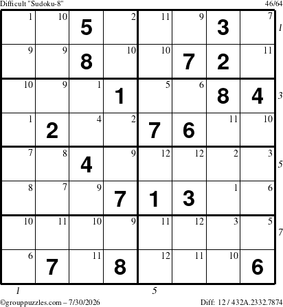 The grouppuzzles.com Difficult Sudoku-8 puzzle for Thursday July 30, 2026 with all 12 steps marked