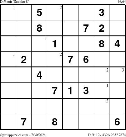The grouppuzzles.com Difficult Sudoku-8 puzzle for Thursday July 30, 2026 with the first 3 steps marked