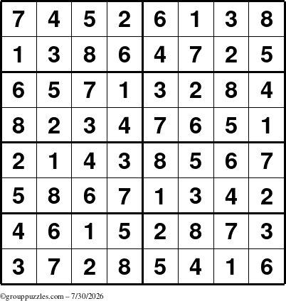 The grouppuzzles.com Answer grid for the Sudoku-8 puzzle for Thursday July 30, 2026