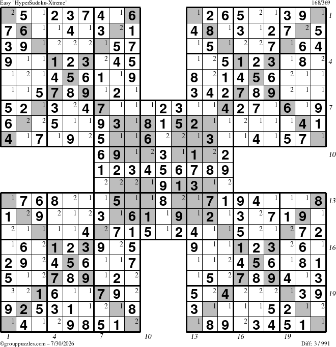 The grouppuzzles.com Easy cover-HyperXtreme puzzle for Thursday July 30, 2026, suitable for printing, with all 3 steps marked