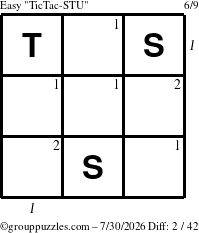 The grouppuzzles.com Easy TicTac-STU puzzle for Thursday July 30, 2026 with all 2 steps marked