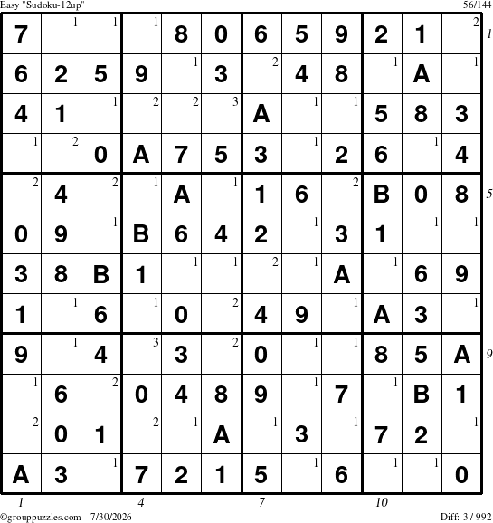 The grouppuzzles.com Easy Sudoku-12up puzzle for Thursday July 30, 2026 with all 3 steps marked