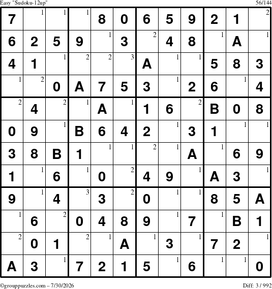 The grouppuzzles.com Easy Sudoku-12up puzzle for Thursday July 30, 2026 with the first 3 steps marked