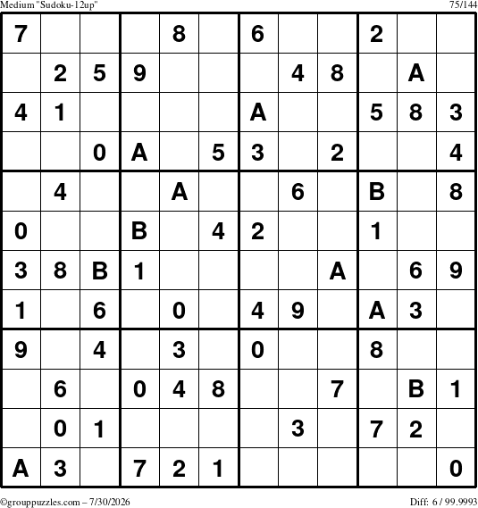 The grouppuzzles.com Medium Sudoku-12up puzzle for Thursday July 30, 2026