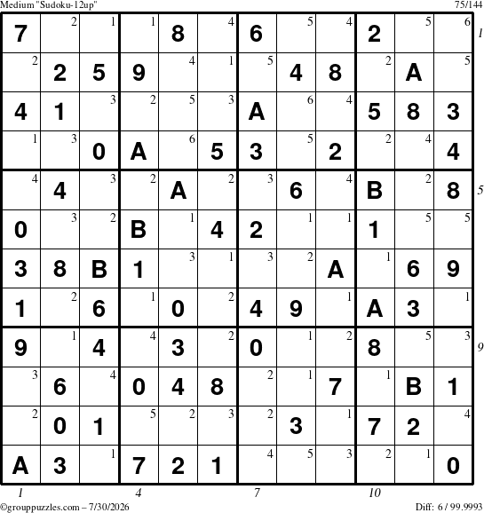 The grouppuzzles.com Medium Sudoku-12up puzzle for Thursday July 30, 2026, suitable for printing, with all 6 steps marked