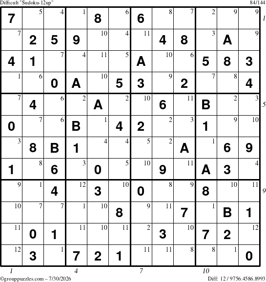 The grouppuzzles.com Difficult Sudoku-12up puzzle for Thursday July 30, 2026 with all 12 steps marked