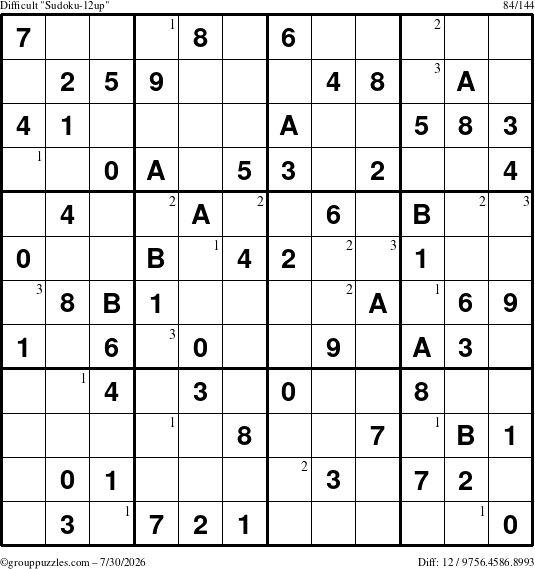The grouppuzzles.com Difficult Sudoku-12up puzzle for Thursday July 30, 2026 with the first 3 steps marked