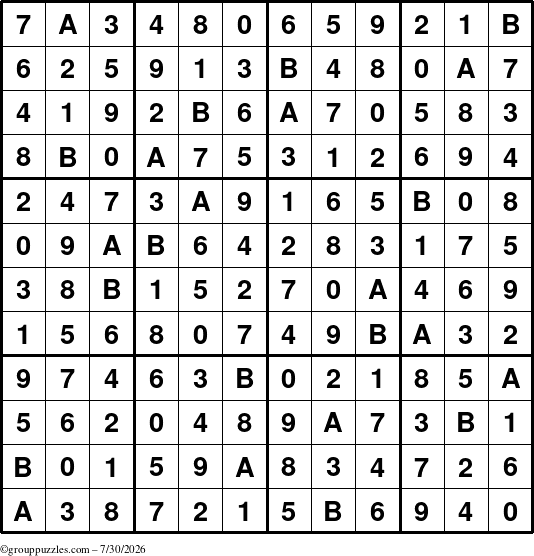 The grouppuzzles.com Answer grid for the Sudoku-12up puzzle for Thursday July 30, 2026