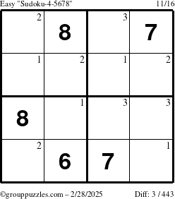 The grouppuzzles.com Easy Sudoku-4-5678 puzzle for Friday February 28, 2025 with the first 3 steps marked