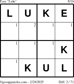 The grouppuzzles.com Easy Luke puzzle for Friday February 28, 2025 with the first 2 steps marked