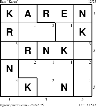 The grouppuzzles.com Easy Karen puzzle for Friday February 28, 2025 with all 3 steps marked