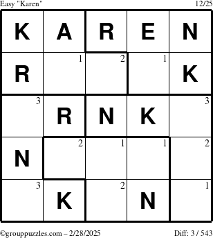 The grouppuzzles.com Easy Karen puzzle for Friday February 28, 2025 with the first 3 steps marked