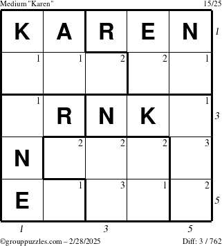 The grouppuzzles.com Medium Karen puzzle for Friday February 28, 2025 with all 3 steps marked