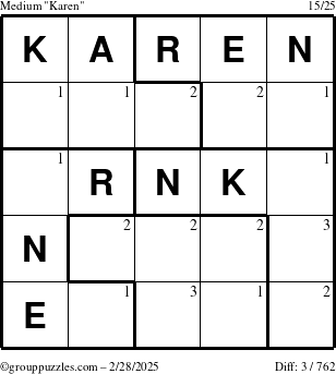 The grouppuzzles.com Medium Karen puzzle for Friday February 28, 2025 with the first 3 steps marked