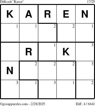 The grouppuzzles.com Difficult Karen puzzle for Friday February 28, 2025 with the first 3 steps marked