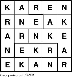 The grouppuzzles.com Answer grid for the Karen puzzle for Friday February 28, 2025