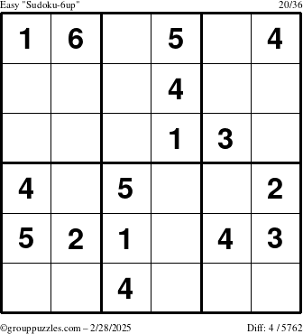 The grouppuzzles.com Easy Sudoku-6up puzzle for Friday February 28, 2025