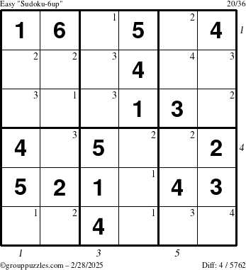 The grouppuzzles.com Easy Sudoku-6up puzzle for Friday February 28, 2025 with all 4 steps marked