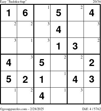 The grouppuzzles.com Easy Sudoku-6up puzzle for Friday February 28, 2025 with the first 3 steps marked