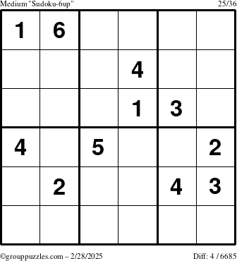 The grouppuzzles.com Medium Sudoku-6up puzzle for Friday February 28, 2025