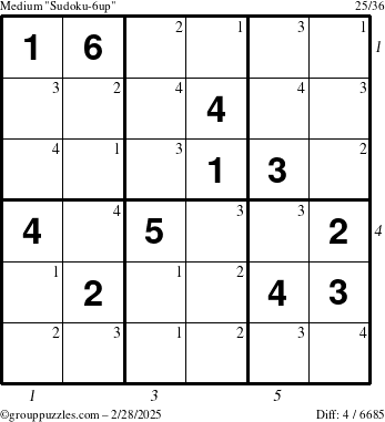 The grouppuzzles.com Medium Sudoku-6up puzzle for Friday February 28, 2025 with all 4 steps marked