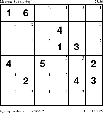 The grouppuzzles.com Medium Sudoku-6up puzzle for Friday February 28, 2025 with the first 3 steps marked