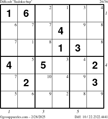 The grouppuzzles.com Difficult Sudoku-6up puzzle for Friday February 28, 2025, suitable for printing, with all 10 steps marked