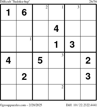 The grouppuzzles.com Difficult Sudoku-6up puzzle for Friday February 28, 2025 with the first 3 steps marked