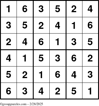 The grouppuzzles.com Answer grid for the Sudoku-6up puzzle for Friday February 28, 2025