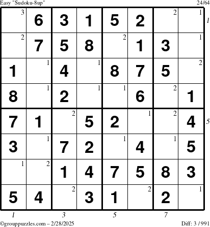 The grouppuzzles.com Easy Sudoku-8up puzzle for Friday February 28, 2025 with all 3 steps marked