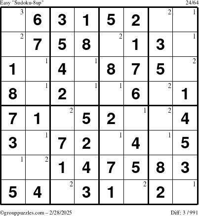 The grouppuzzles.com Easy Sudoku-8up puzzle for Friday February 28, 2025 with the first 3 steps marked