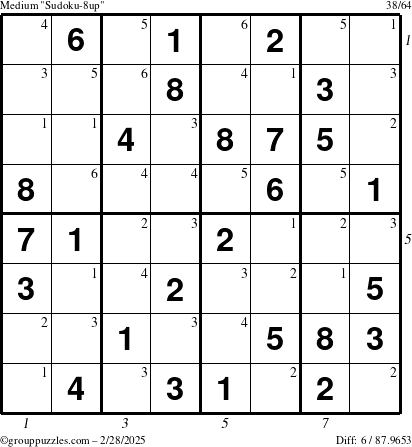 The grouppuzzles.com Medium Sudoku-8up puzzle for Friday February 28, 2025 with all 6 steps marked