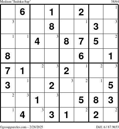 The grouppuzzles.com Medium Sudoku-8up puzzle for Friday February 28, 2025 with the first 3 steps marked