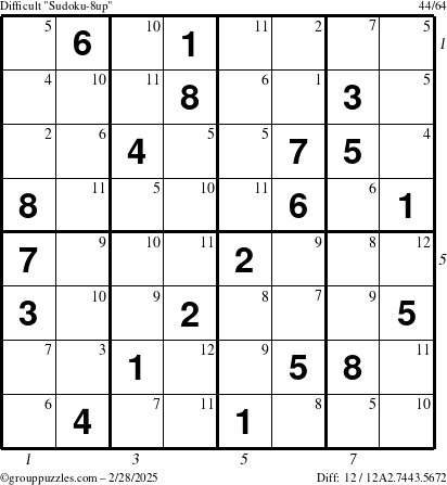 The grouppuzzles.com Difficult Sudoku-8up puzzle for Friday February 28, 2025 with all 12 steps marked