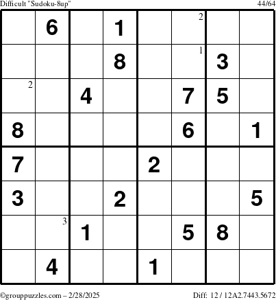 The grouppuzzles.com Difficult Sudoku-8up puzzle for Friday February 28, 2025 with the first 3 steps marked