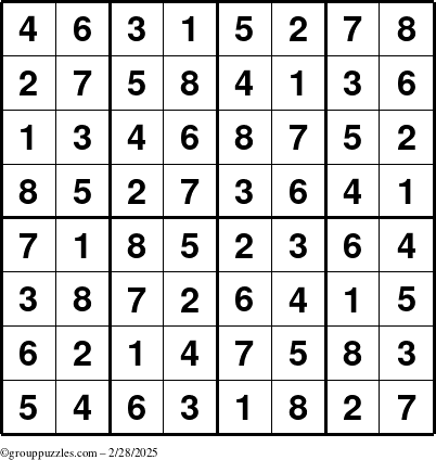 The grouppuzzles.com Answer grid for the Sudoku-8up puzzle for Friday February 28, 2025