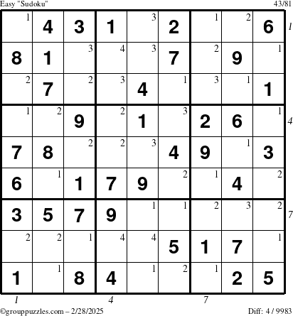 The grouppuzzles.com Easy Sudoku puzzle for Friday February 28, 2025 with all 4 steps marked