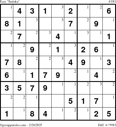 The grouppuzzles.com Easy Sudoku puzzle for Friday February 28, 2025 with the first 3 steps marked