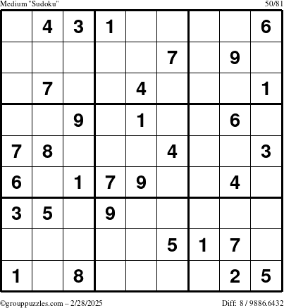 The grouppuzzles.com Medium Sudoku puzzle for Friday February 28, 2025