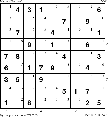 The grouppuzzles.com Medium Sudoku puzzle for Friday February 28, 2025, suitable for printing, with all 8 steps marked